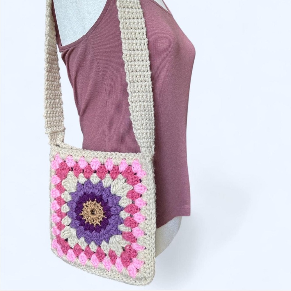 Handmade Crochet Shoulder Bag - Pink and Purple